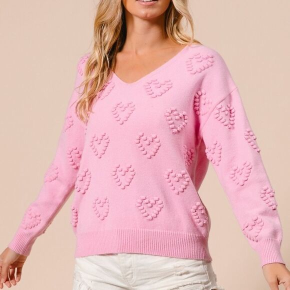 BiBi Pompom V Neck Knit Top Pale Pink Heart Pattern Sweater Sz Medium [6-8] - Picture 12 of 15